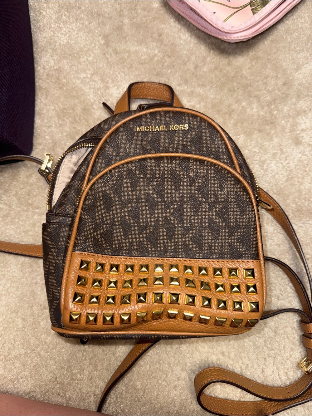 Michael Kors Brown MK Logo Mini Backpack with Gold Stud Accents